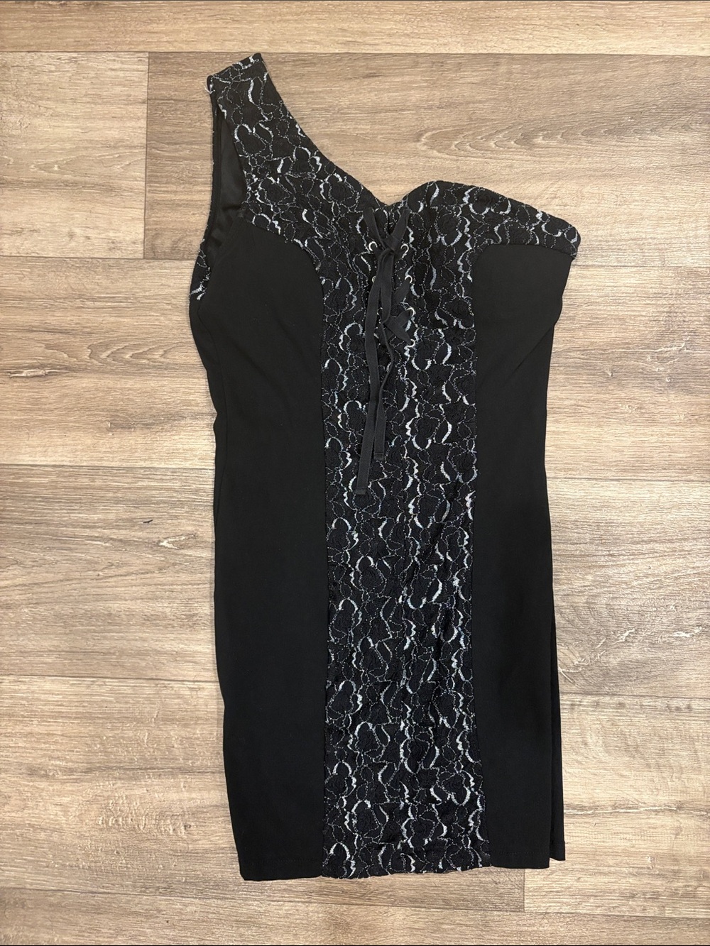 One-Shoulder Black Lace-Panel Bodycon Dress